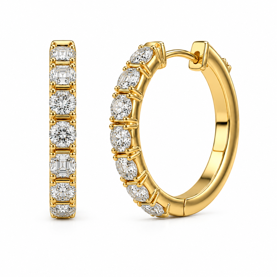 East-West Emerald & Round Diamond Hoops